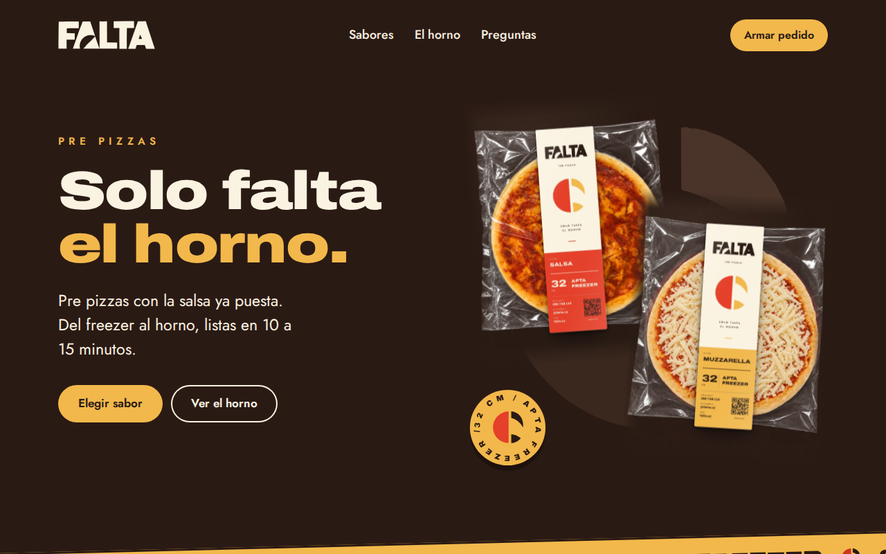 Web de FALTA Pre Pizzas: Solo falta el horno, con sus productos Salsa y Muzzarella